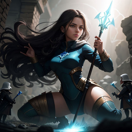 a woman in a blue outfit holding a sword in a dark alley with other people in the background and a light shining on her