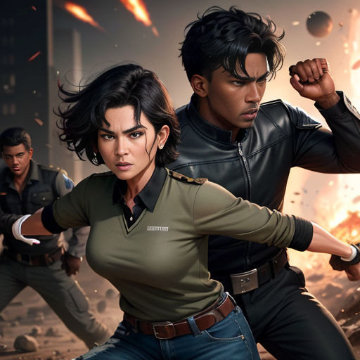 a woman in a green shirt and a man in a black shirt in front of a fire and smoke background