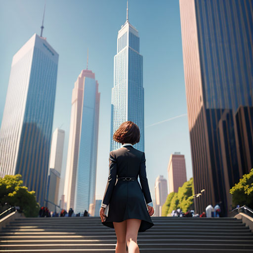 a woman in a suit walking down a flight of stairs in front of tall buildings in a city with a sky background
