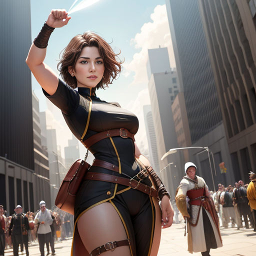 a woman in a cosplay is holding a sword in the air in a city street with people walking around