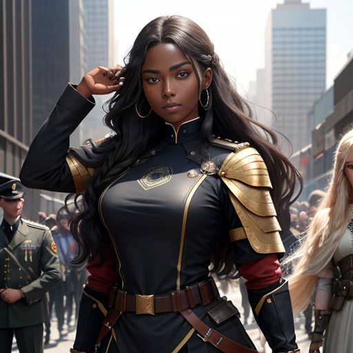 a woman in a black and gold outfit standing next to a man in a military uniform in a city