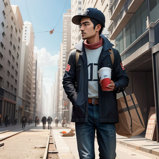 a man walking down a street holding a cup of coffee and a paper bag in his hand while wearing a hat