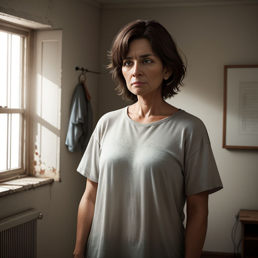 a woman standing in front of a window in a room with a radiator and a radiator