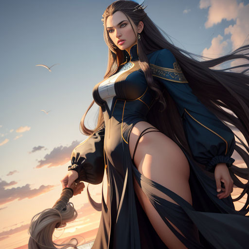 a woman in a long dress with long hair and a sword in her hand, standing on a beach