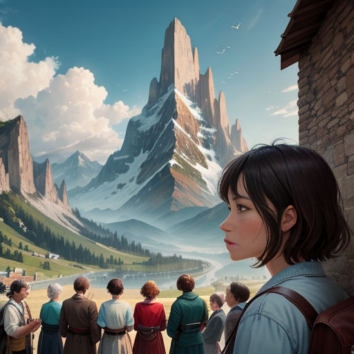 a painting of a woman looking at a group of people in a mountainous area with mountains in the background