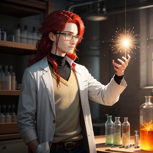 a woman holding a sparkler in a laboratory with bottles of liquid and a flask of liquid in the background