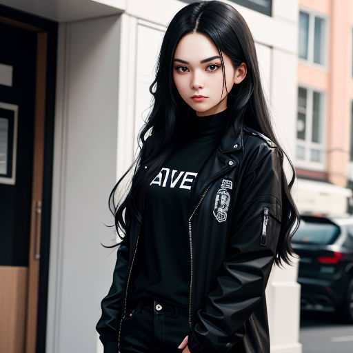 a woman in a black jacket and black pants standing in front of a building with a black car behind her