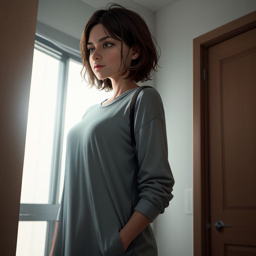 a woman standing in front of a window in a room with a door and a door handle on the side of the door