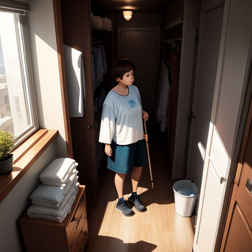 a woman standing in a hallway with a broom in her hand and a bucket in her other hand, next to a window