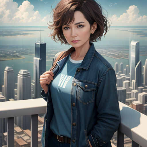 a woman standing on a balcony with a city in the background and a sky line in the foreground