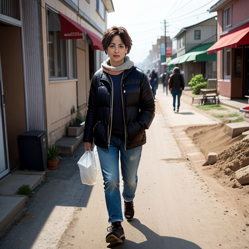 a woman walking down a street carrying a bag of groceries in her hand and a man walking down the street