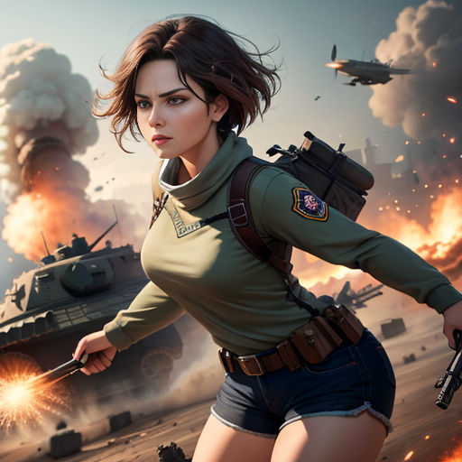 a woman in a uniform is holding a gun and a gun in her hand while a tank is in the background
