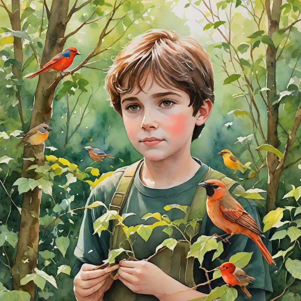 a painting of a boy with birds on his shoulder and a tree in the background with leaves and branches, figurative art, a detailed painting, Aaron Jasinski, highly detailed oil painting