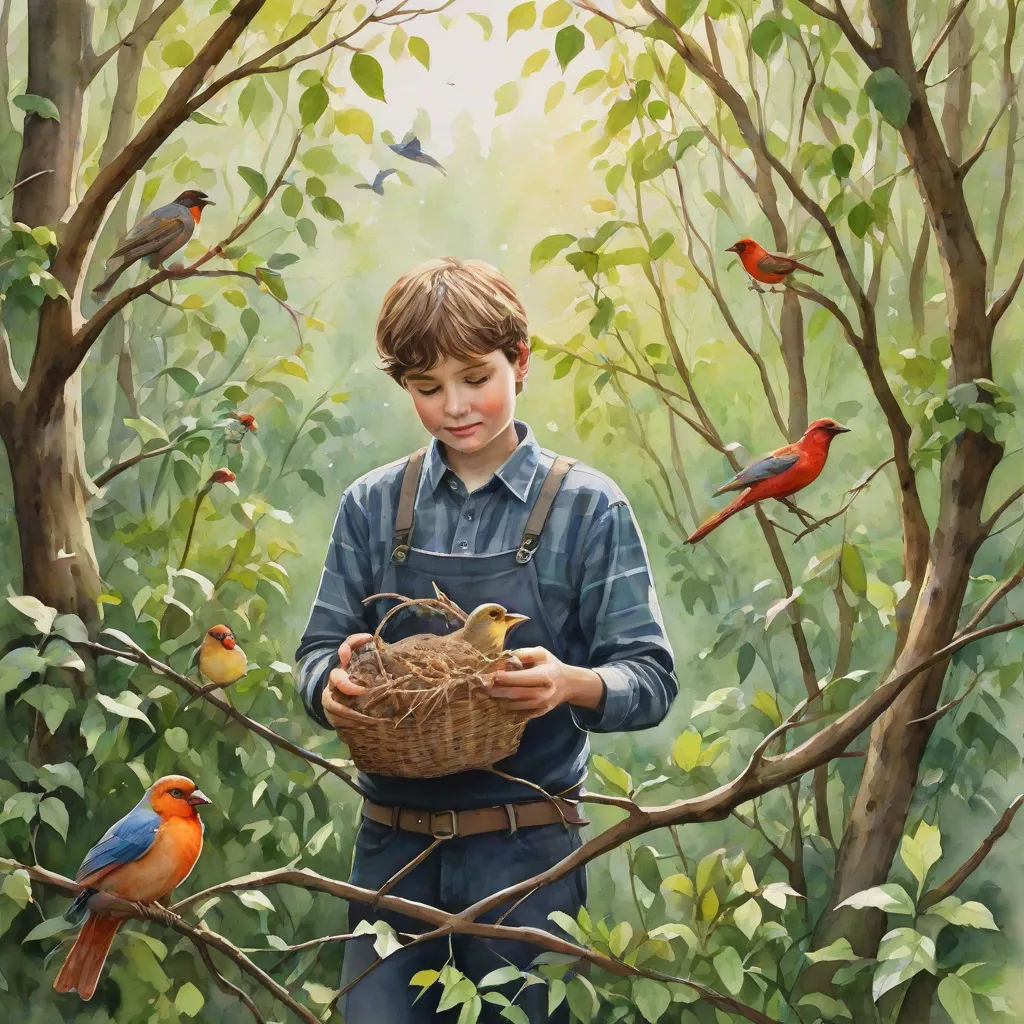 a painting of a boy holding a basket with birds on it in a tree filled forest with green leaves, figurative art, a detailed painting, Bob Byerley, highly detailed oil painting