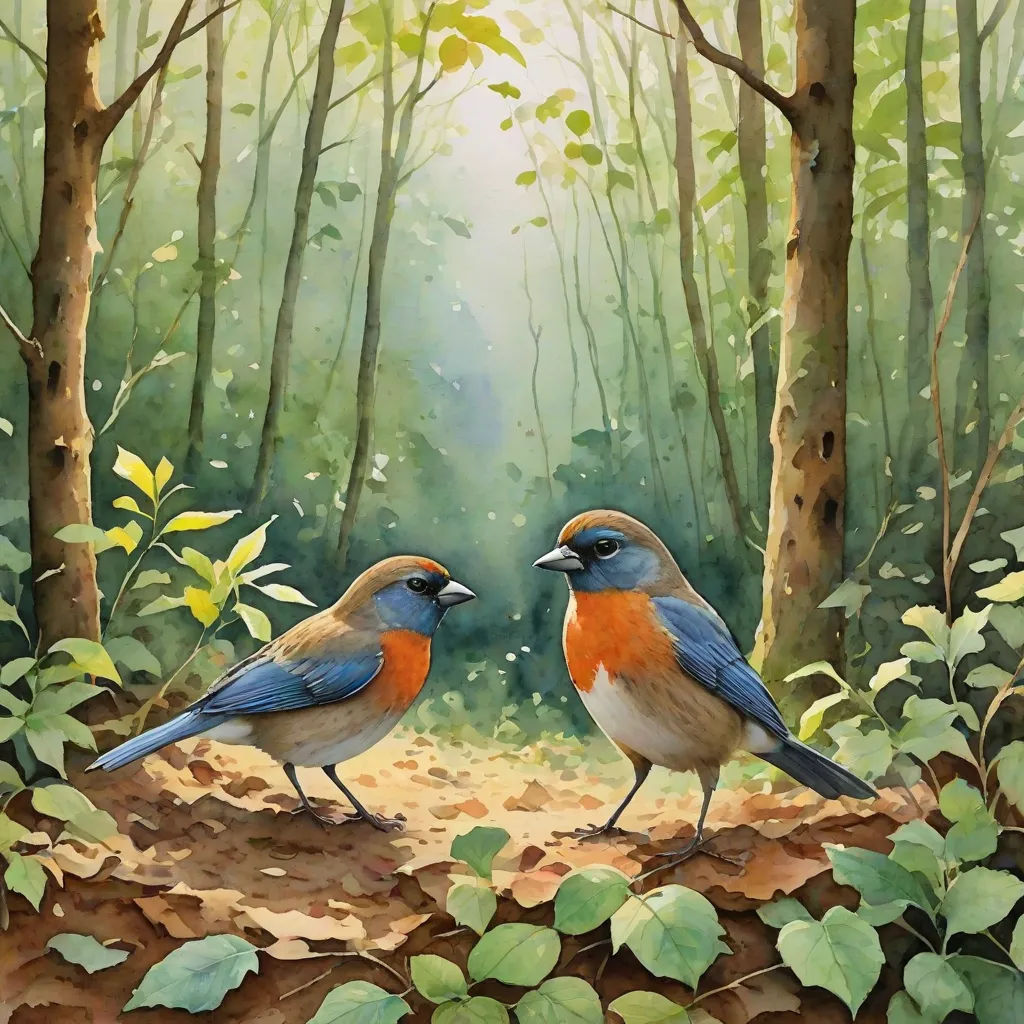 two birds standing on a tree stump in a forest with leaves and trees in the background, one of them facing the other, american scene painting, an oil on canvas painting, Brothers Hildebrandt, in gouache detailed paintings