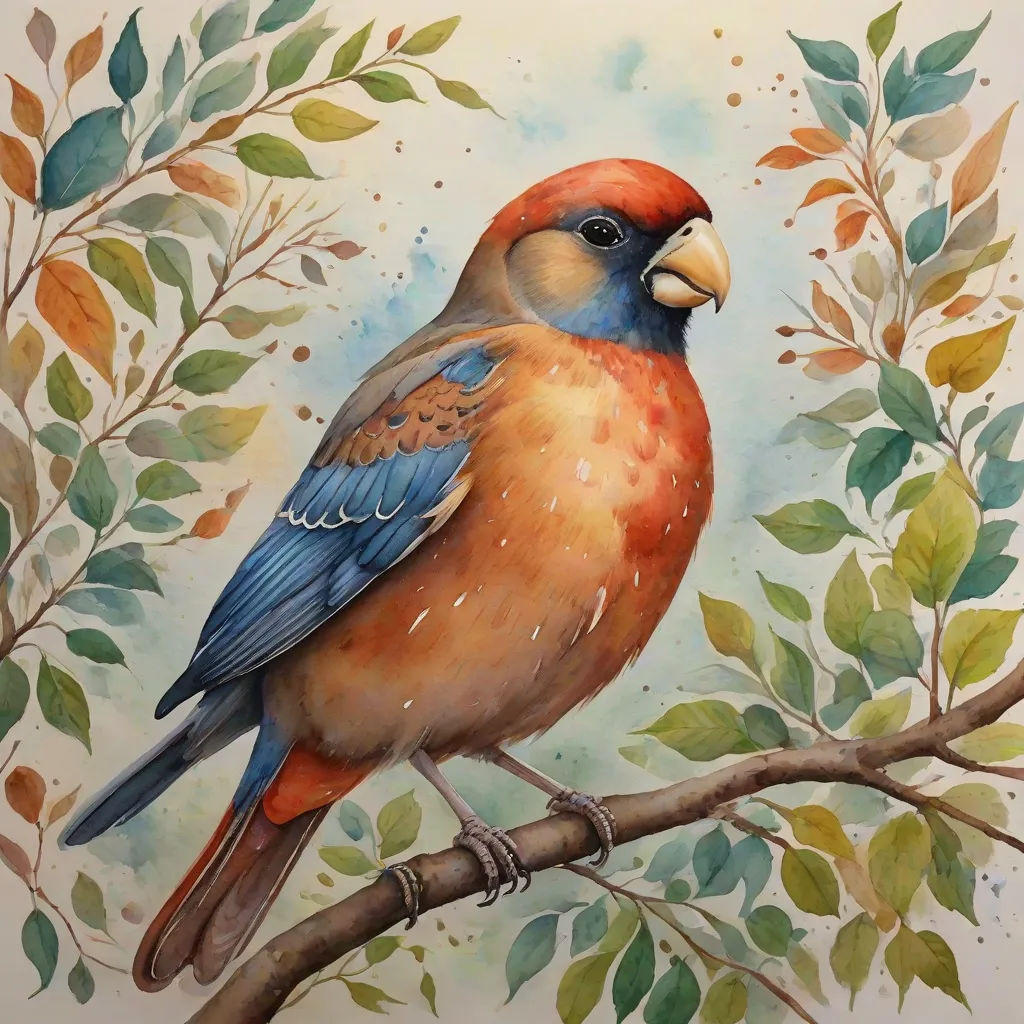a painting of a bird sitting on a branch with leaves around it's edges and a blue, orange, and red bird on the branch, cloisonnism, a watercolor painting, Carol Sutton, in gouache detailed paintings