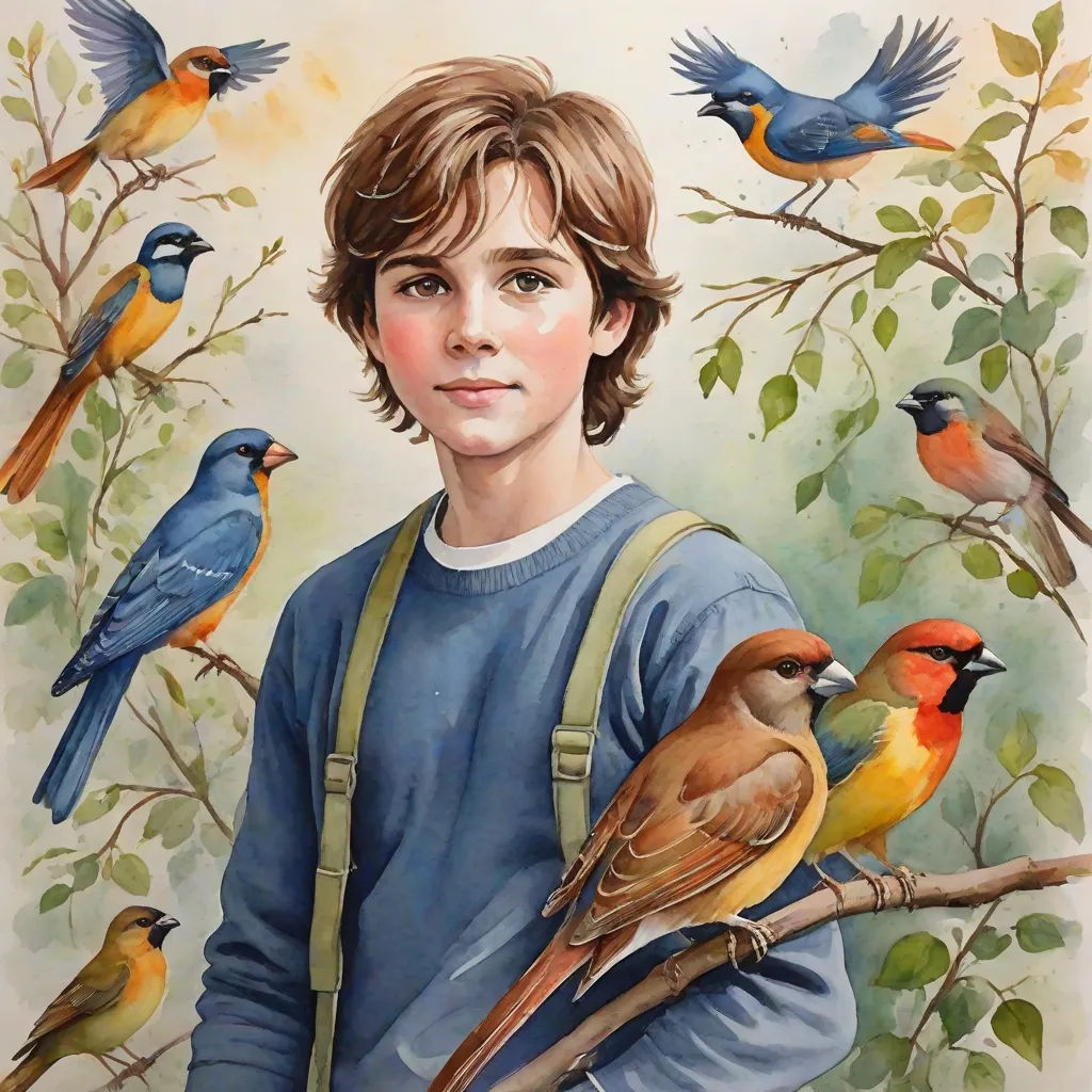 a painting of a boy with birds on his shoulder and a boy in a blue shirt with a backpack, figurative art, a detailed painting, Aaron Jasinski, highly detailed oil painting