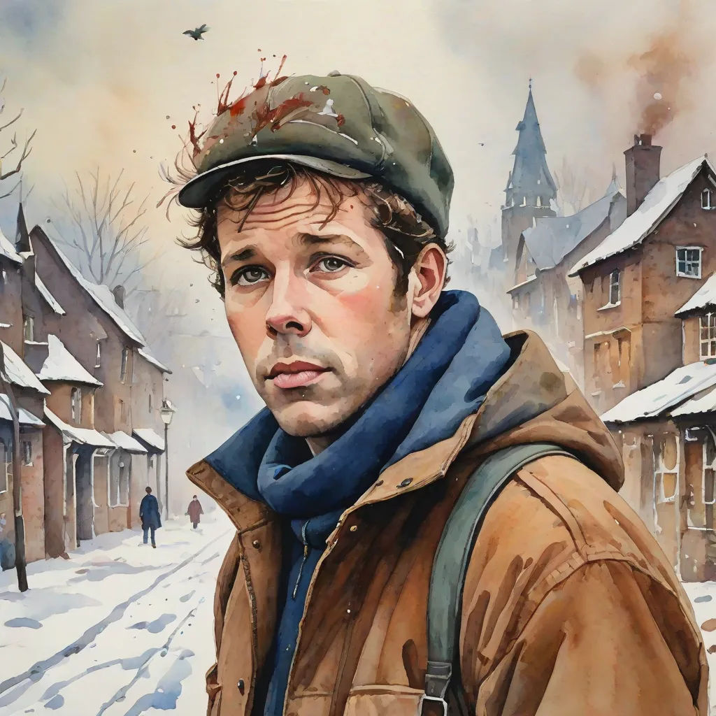 a painting of a man in a hat and scarf in the snow with a bird flying overhead and a village in the background, american realism, a character portrait, David Palumbo, in gouache detailed paintings