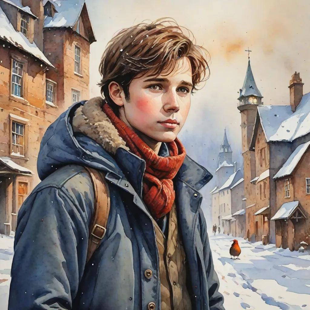a painting of a boy in a blue jacket and scarf in a snowy town with a bird on the ground, figurative art, a detailed painting, Cliff Childs, detailed painting