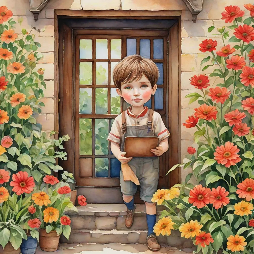 a painting of a boy holding a shovel in front of a door with flowers and plants around him and a window, art & language, a storybook illustration, Bob Byerley, storybook illustration