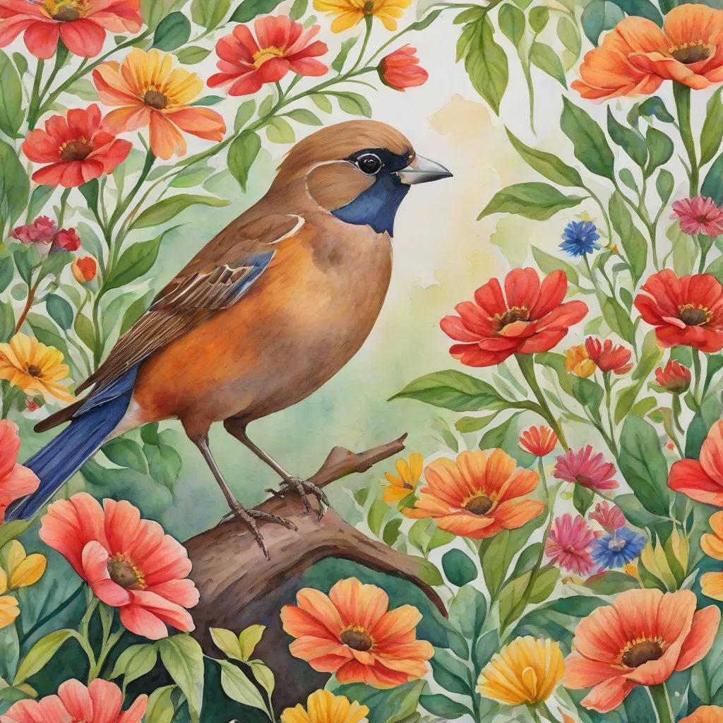 a painting of a bird sitting on a branch in a field of flowers and daisies with a sky background, figurative art, a watercolor painting, Carol Sutton, in gouache detailed paintings
