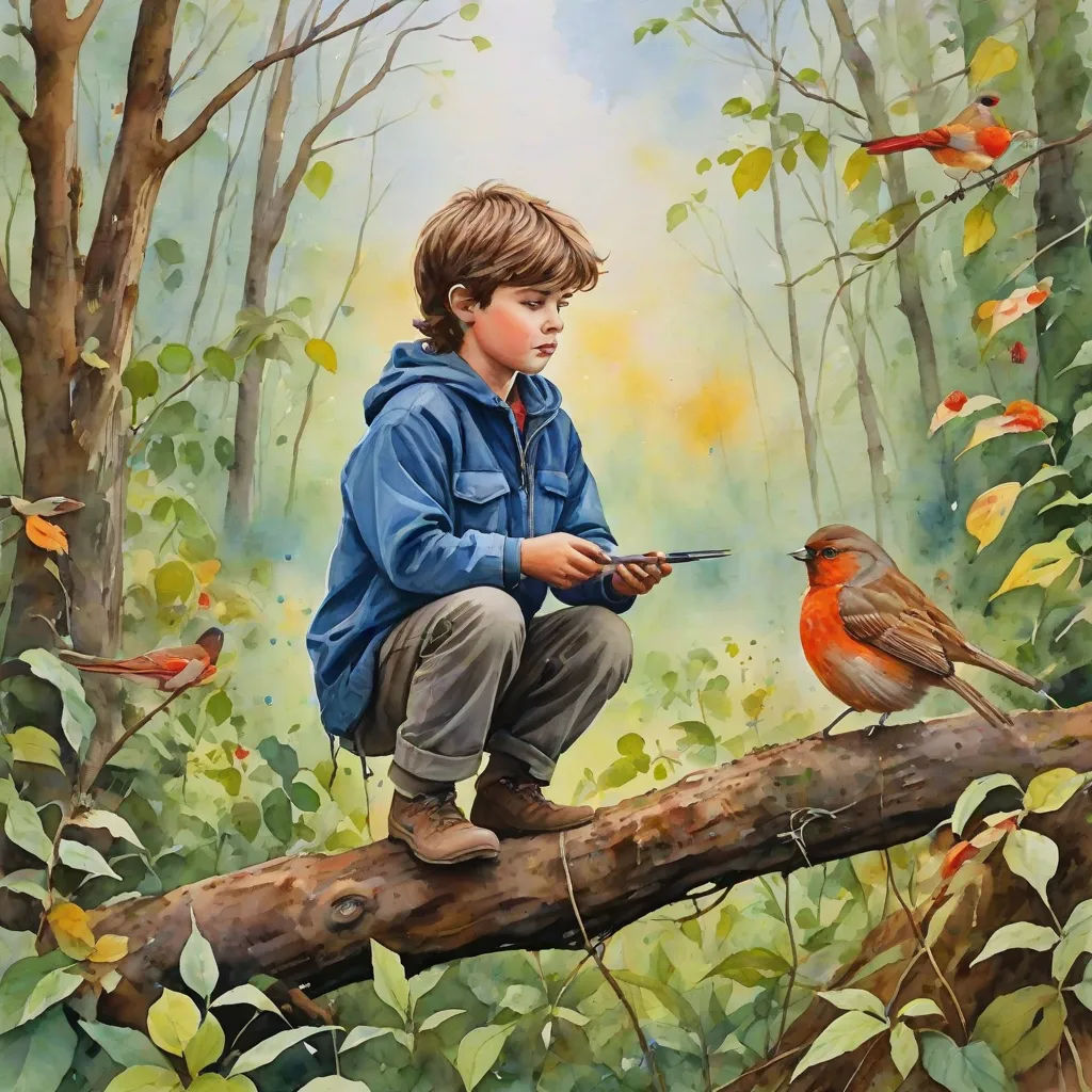 a painting of a boy sitting on a branch with birds around him and a bird on the branch with a knife in his hand, figurative art, a detailed painting, Bob Byerley, in gouache detailed paintings