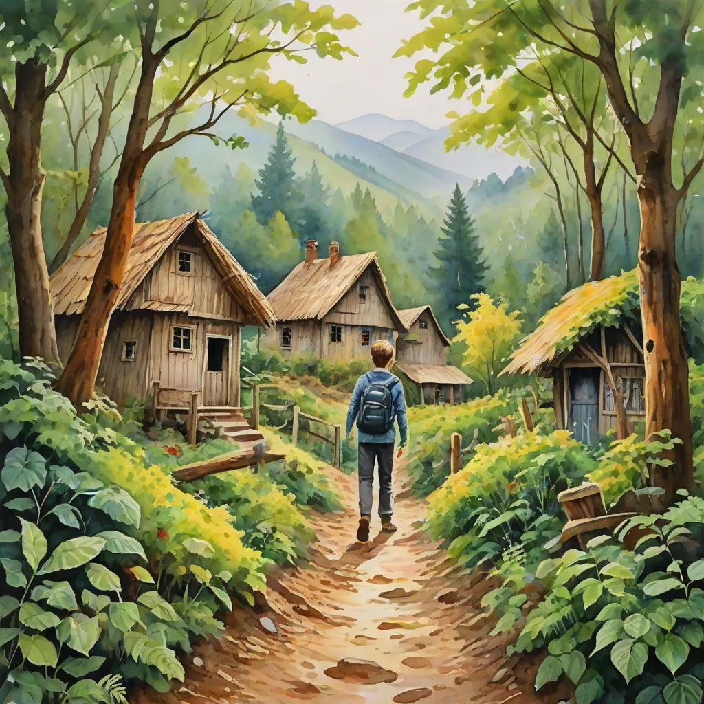 a painting of a man walking down a path to a cabin in the woods with a mountain in the background, fantastic realism, a storybook illustration, Bob Byerley, official art