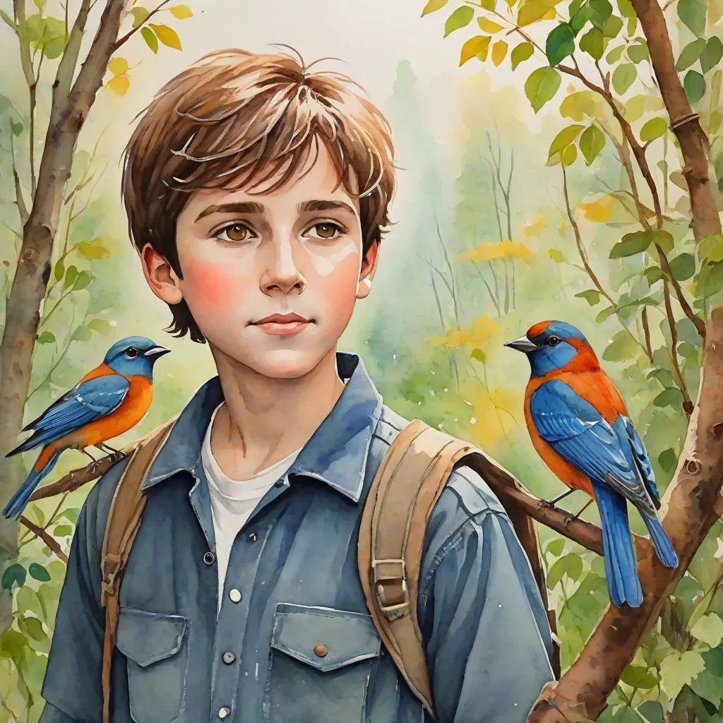 a painting of a boy with two birds on his shoulder and a boy with a backpack on his shoulder, figurative art, a detailed painting, Aaron Jasinski, in gouache detailed paintings