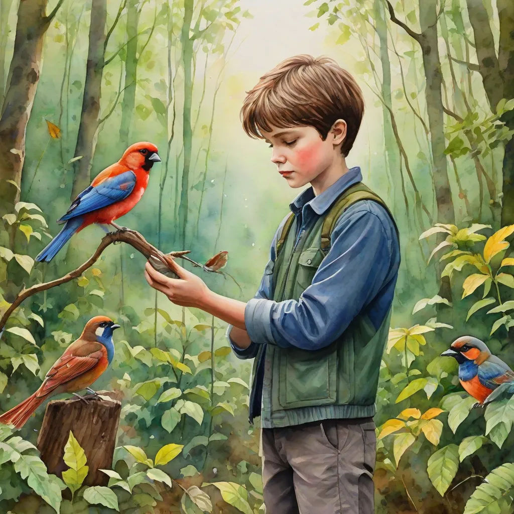 a painting of a boy holding a branch with birds on it and a forest background with trees and bushes, figurative art, a detailed painting, Aaron Jasinski, highly detailed oil painting