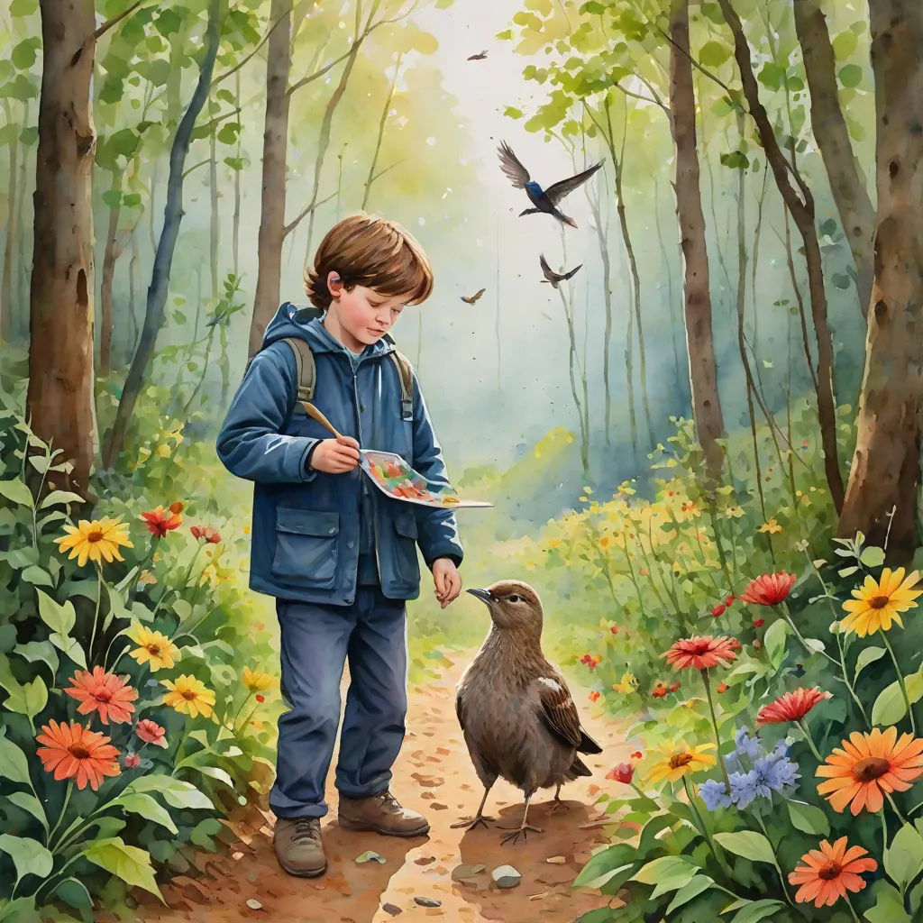 a painting of a boy feeding a bird in a forest with flowers and birds flying around him and a bird on the ground, magic realism, a storybook illustration, David Brewster, storybook illustration