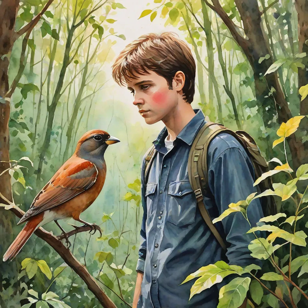 a painting of a boy and a bird in a forest with trees and leaves on the ground and a man standing next to him, figurative art, a photorealistic painting, Aaron Jasinski, official art