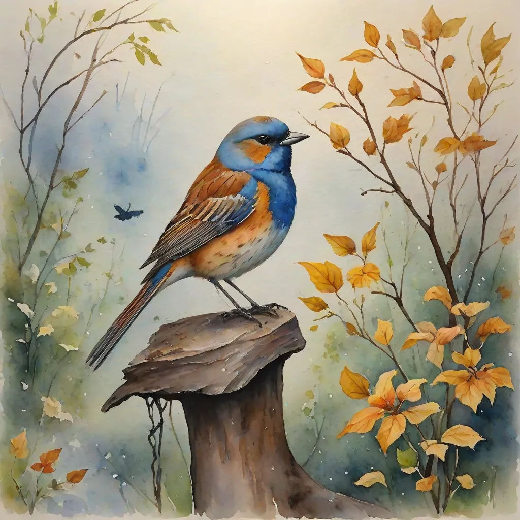 a painting of a bird on a stump in a forest with yellow flowers and butterflies in the background,, figurative art, a watercolor painting, Carol Sutton, in gouache detailed paintings