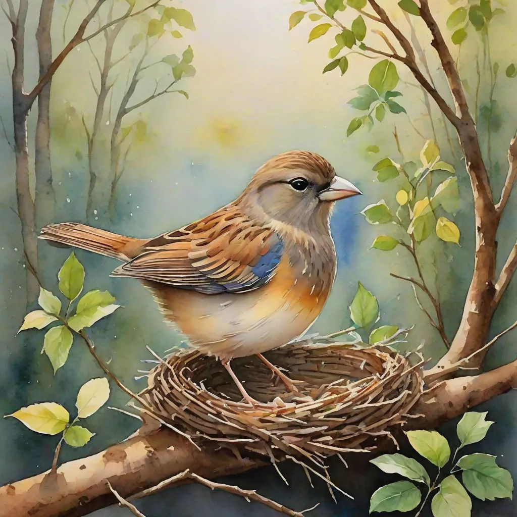 a painting of a bird sitting on a nest in a tree branch with leaves around it and a blue sky in the background, figurative art, a detailed painting, Carol Sutton, highly detailed oil painting