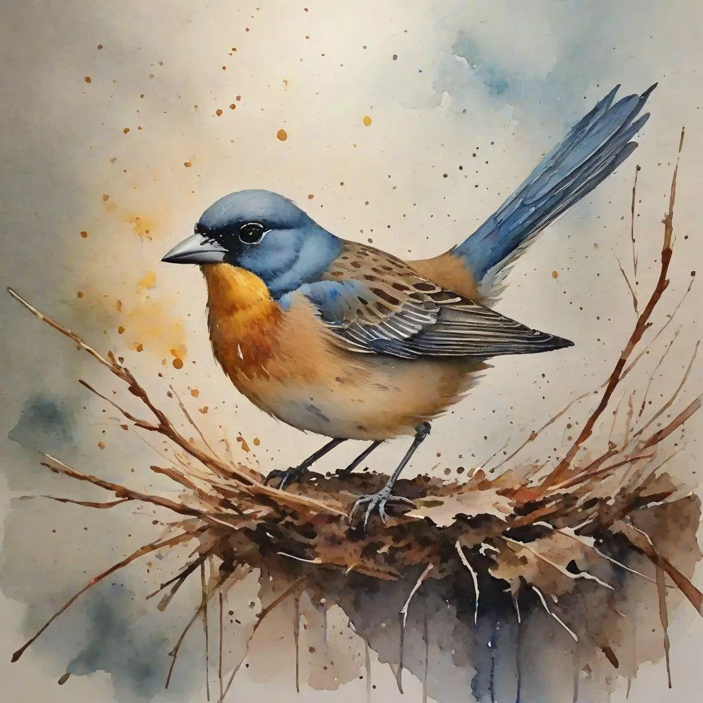 a painting of a bird sitting on top of a nest of twigs and twigs with watercolor paint on it, figurative art, a watercolor painting, Carol Sutton, watercolor