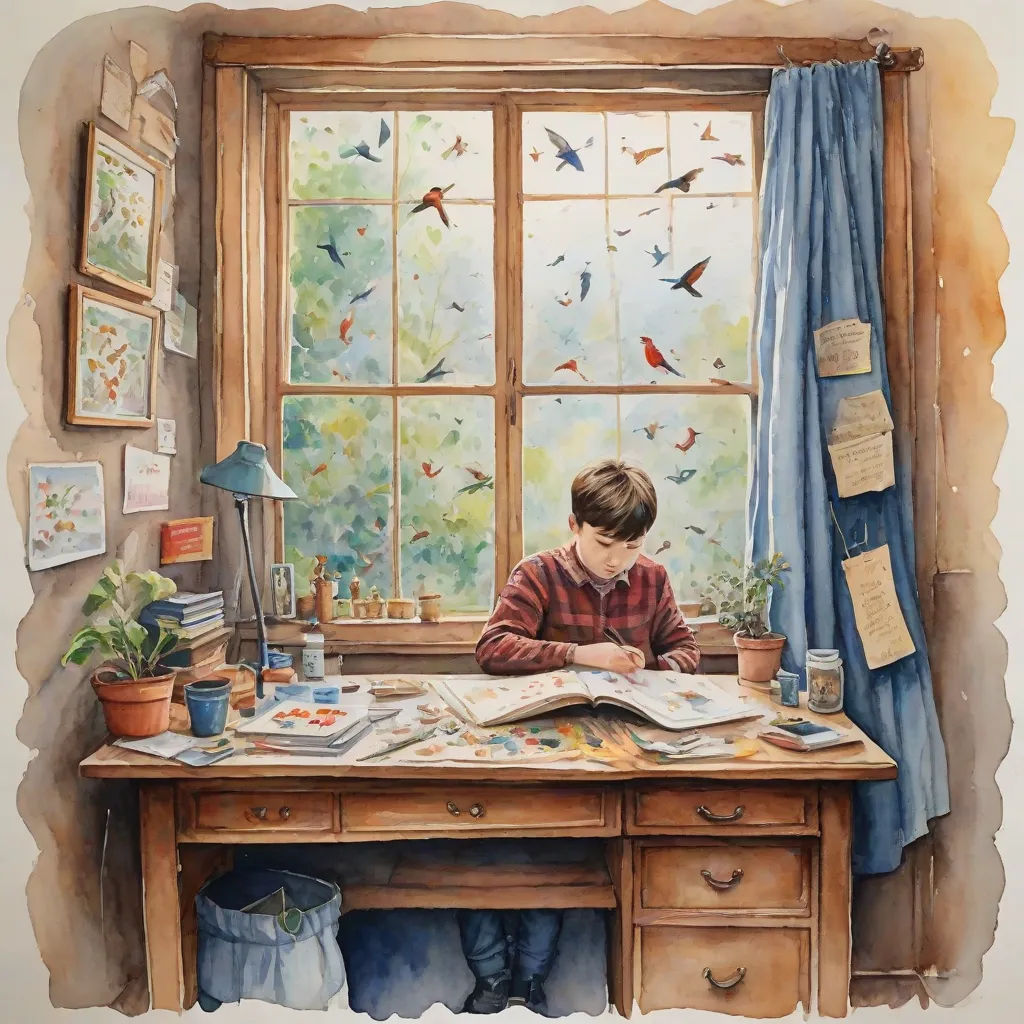 a painting of a boy sitting at a desk with a book and a bird on the window sill, art & language, a storybook illustration, Alison Kinnaird, stanley artgermm