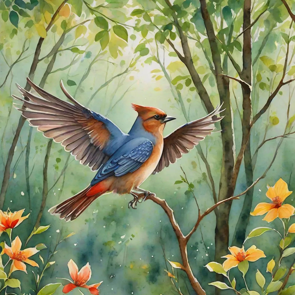 a painting of a bird sitting on a tree branch with its wings spread out and its wings spread wide, figurative art, a watercolor painting, Carol Sutton, in gouache detailed paintings