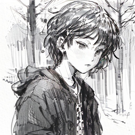 a drawing of a person standing in the snow with a jacket on and a hoodie on, with trees in the background