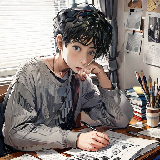 a woman sitting at a desk with a pen and paper in her hand and a book on the desk