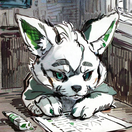 a cat sitting on top of a desk next to a pen and paper with a drawing of a cat on it