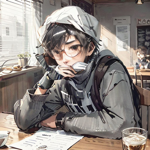 a man sitting at a table with a drink and a paper in his hand and a paper in his mouth