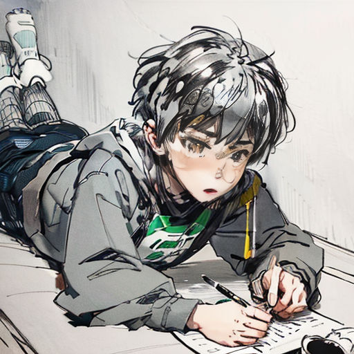 a person laying on a bed writing on a piece of paper with a pen and paper clippings