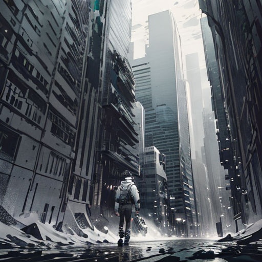 a man walking down a street in a city with tall buildings and a green traffic light above him,