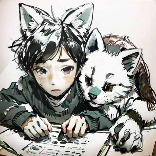 a drawing of a child and a cat on a table with a pen and paper on it, with a drawing of a girl and a cat