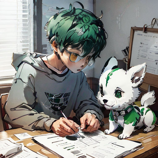 a boy sitting at a desk with a dog and a paper on it's lap and a pen in his hand