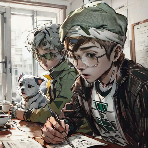 a boy in a green hat writing on a piece of paper with a dog sitting next to him on a desk