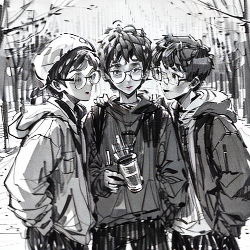 three boys standing together in the snow with a drink in their hand and a tree in the background with snow falling