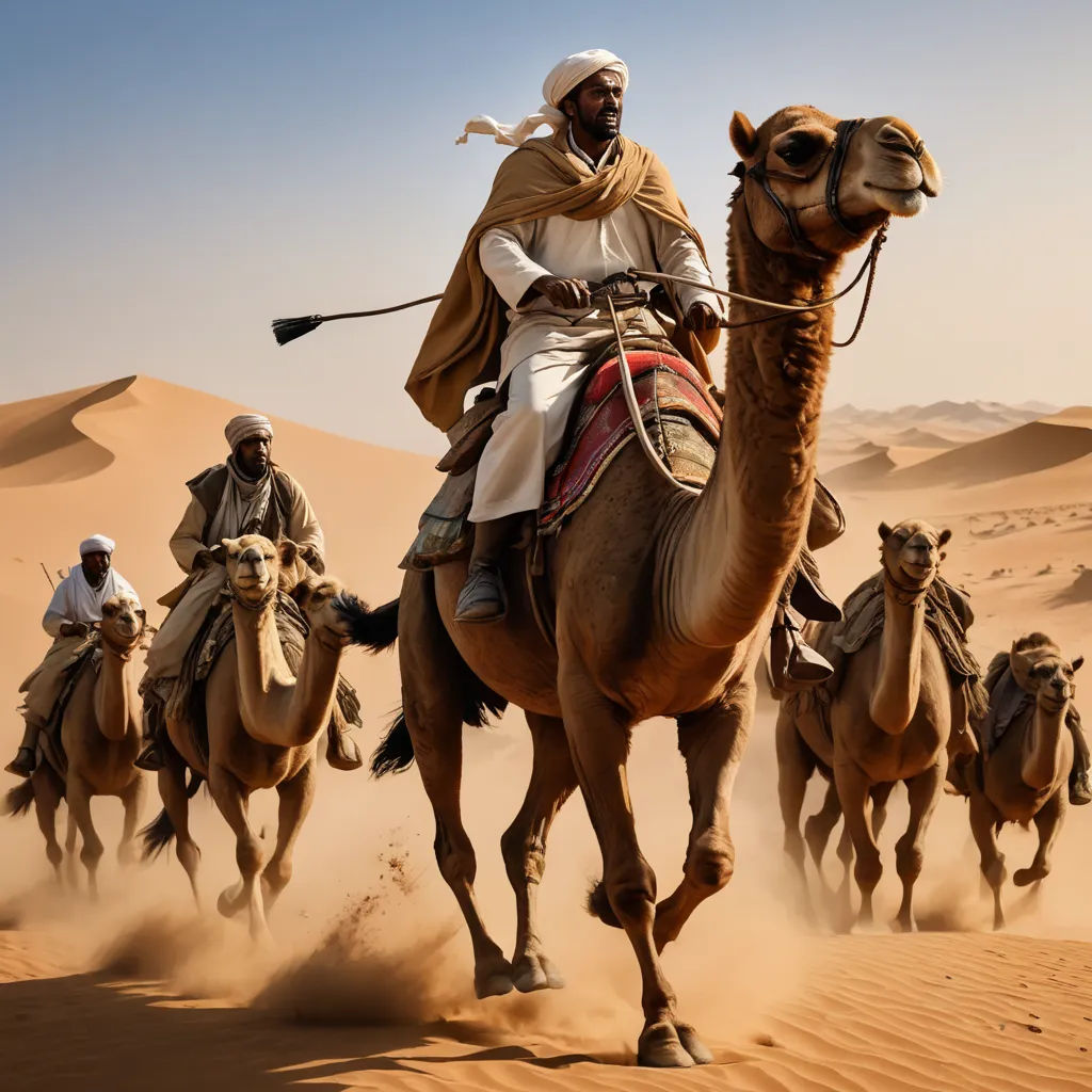 a man riding a camel in the desert with other men riding on it and a camel in the background, dau-al-set, egyptian art, Farid Mansour, desert