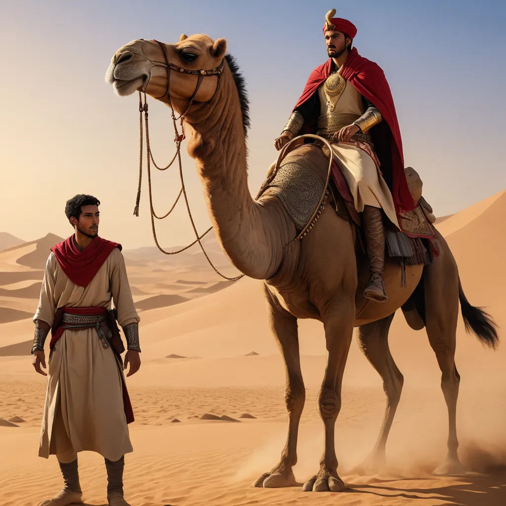 a man in a red cape riding a camel in the desert with a man in a red cape on top of it, dau-al-set, a poster, Altoon Sultan, promotional image