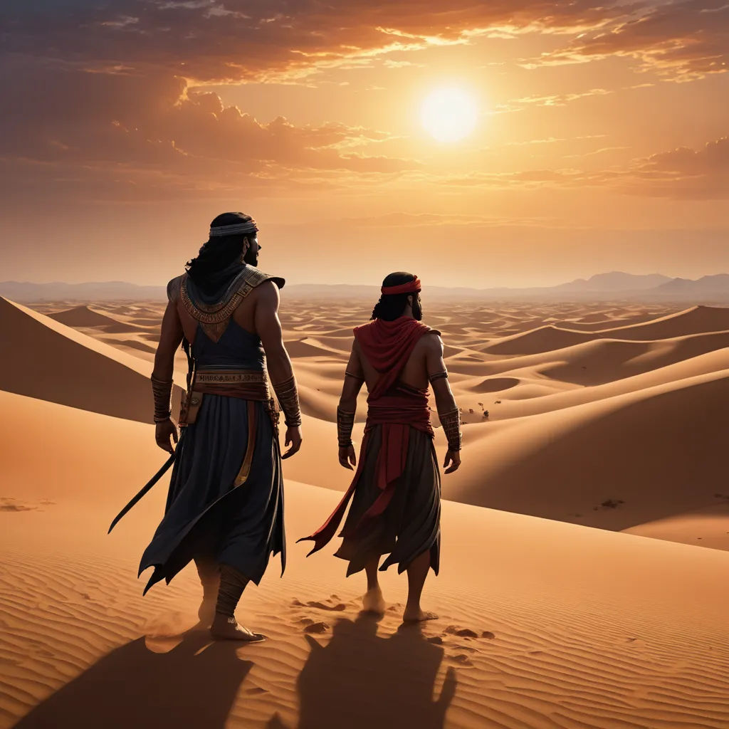 two men in desert with sun setting behind them and sand dunes in the foreground, with a person walking in the foreground, dau-al-set, a detailed matte painting, Amir Zand, desert