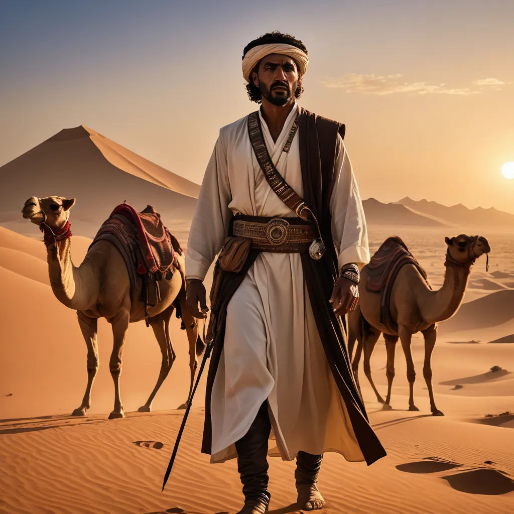 a man in a desert with camels and a desert landscape in the background with a sun setting behind him, dau-al-set, a detailed matte painting, Altoon Sultan, cinematic photography